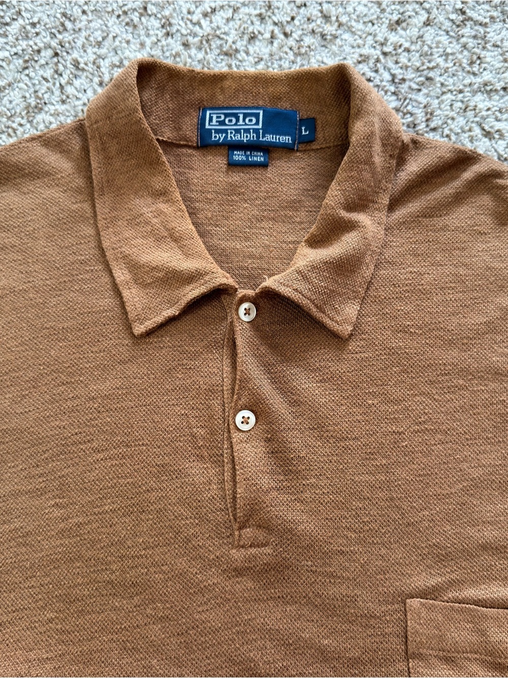 Vintage Polo Ralph Lauren 100% Linen Knit Polo Shirt Brown Tan Mesh Mens Large